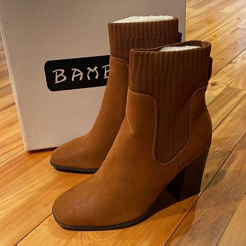 Bamboo deep camel faux suede knit sweater top/sides stacked heel boots. New.